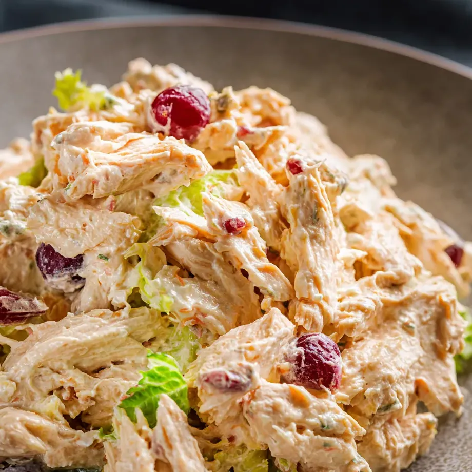 Some greens tossed with chicken and grapes on a plate.