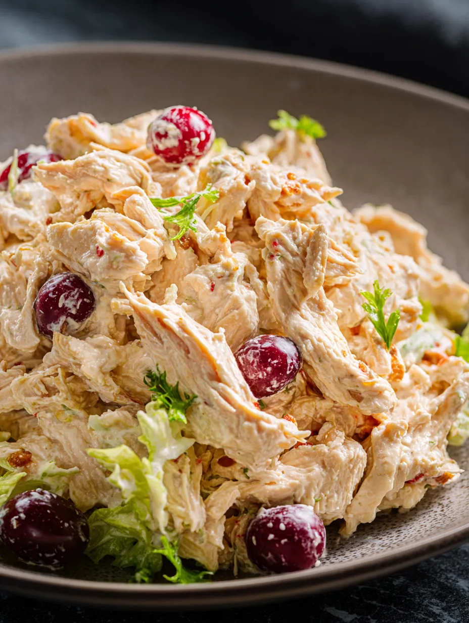 A plate holding salad with pieces of chicken.