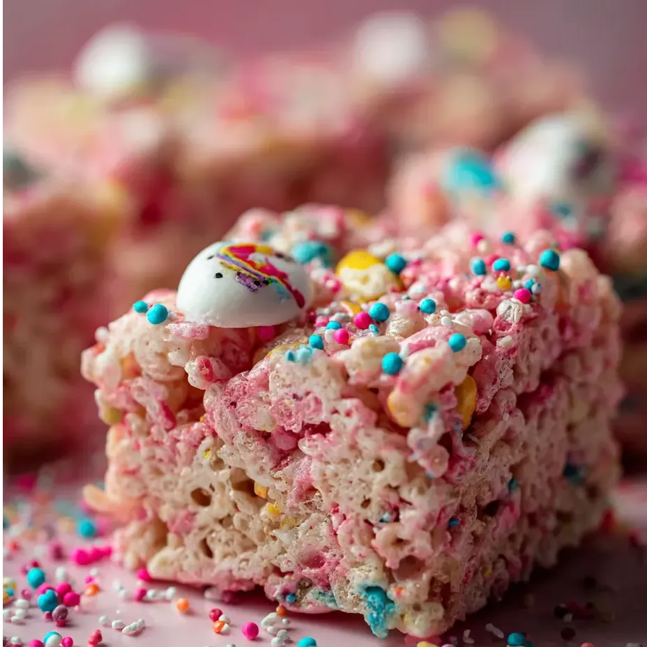 A thick cereal bar loaded with sprinkles, topped with a frosted animal cookie.