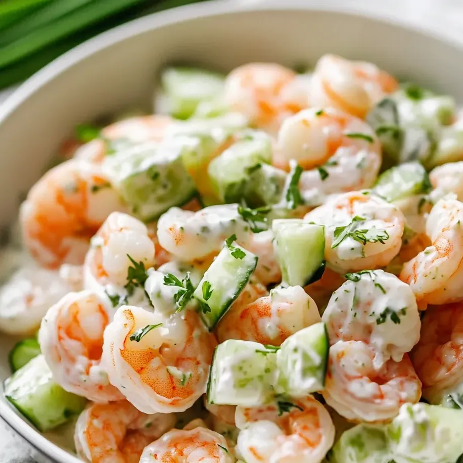 Chilled shrimp and cucumber in a bowl with fresh veggies.