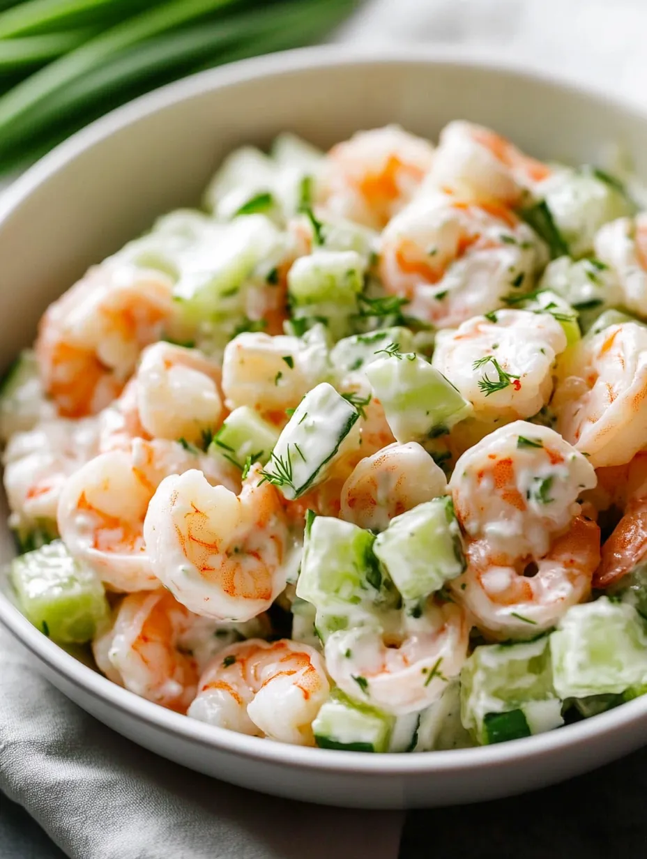 Shrimp salad with cucumbers and creamy sauce in a bowl.