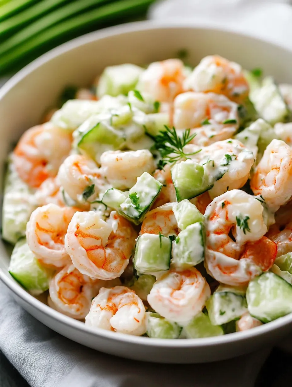 A bowl with shrimp, cucumber, and fresh herbs tossed together.