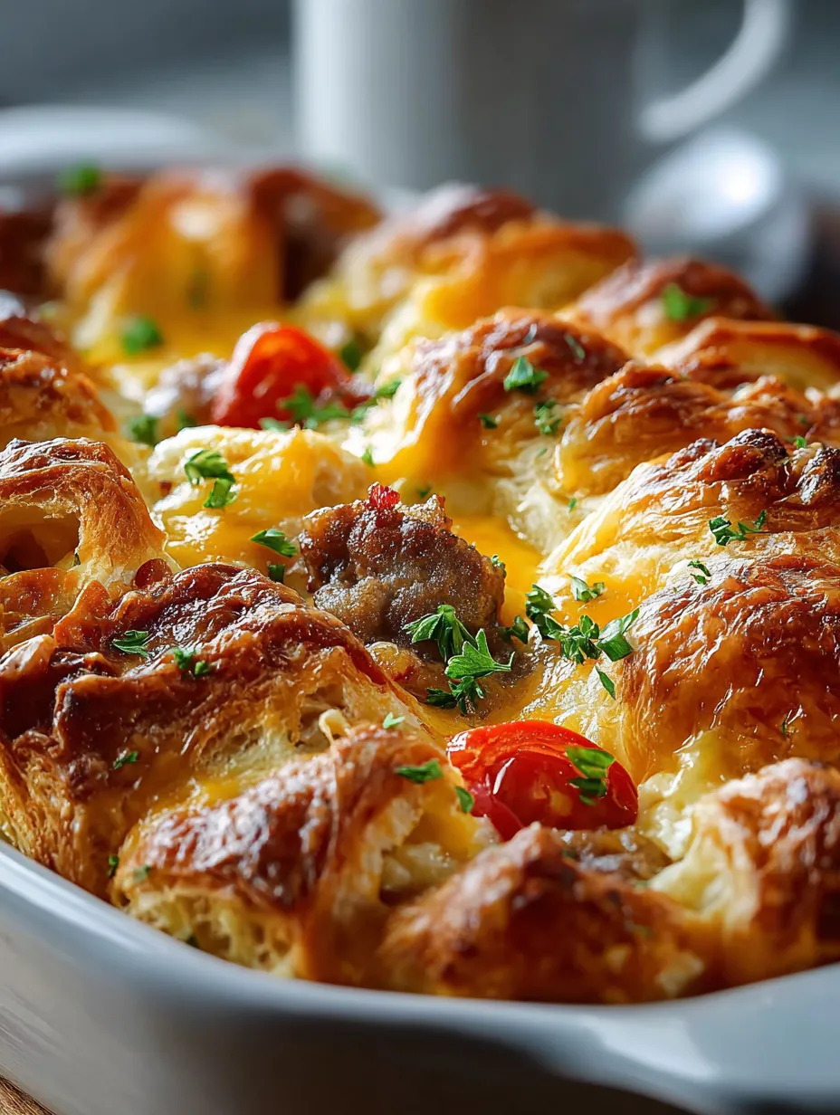 Cheesy breakfast dish topped with tomato.