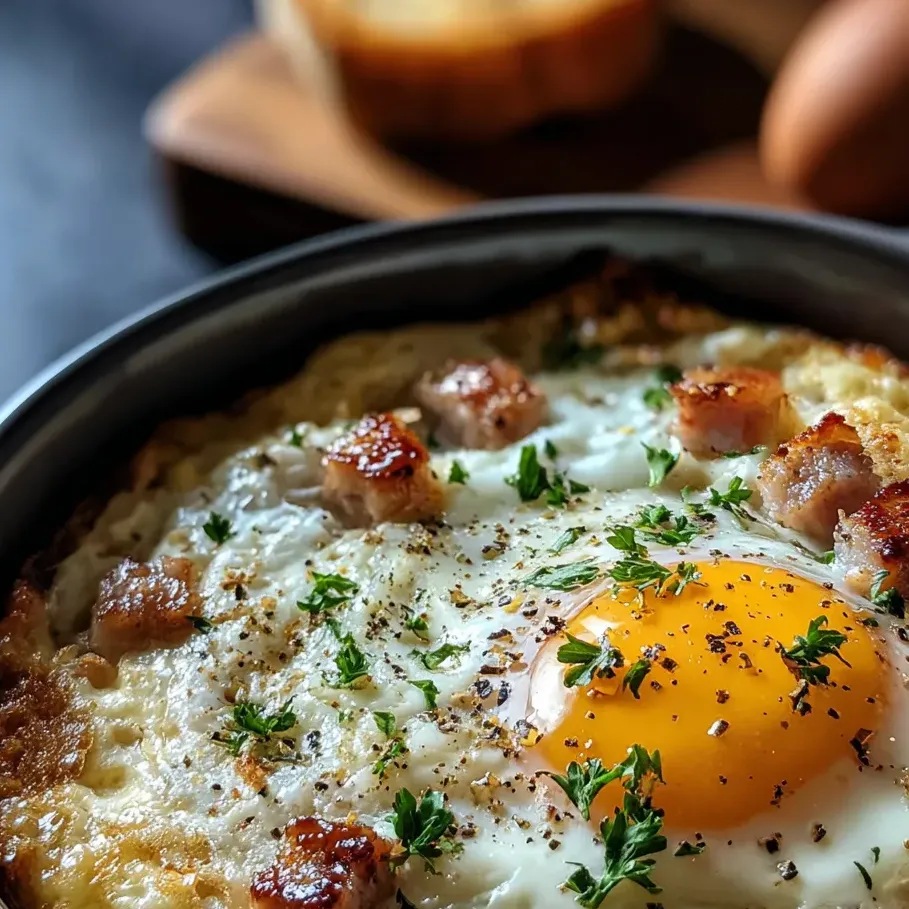 Fried egg sitting with bacon and herbs.