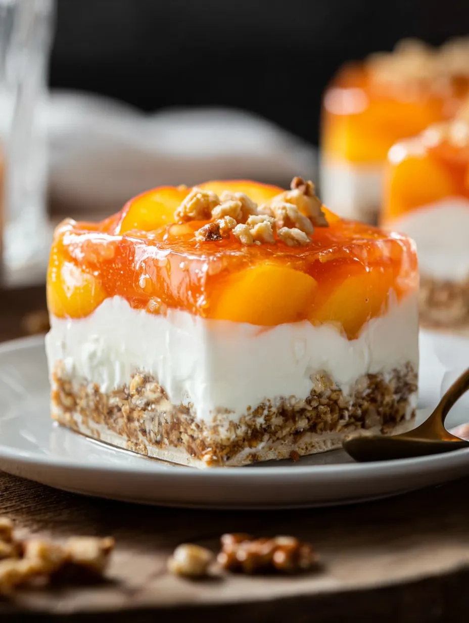 A piece of peach cobbler with nuts on top.