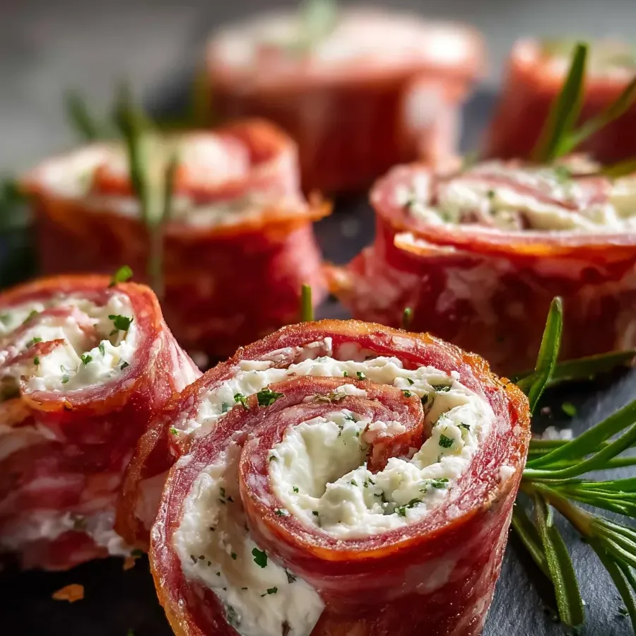 You see cheese and salami rolled up on a plate.