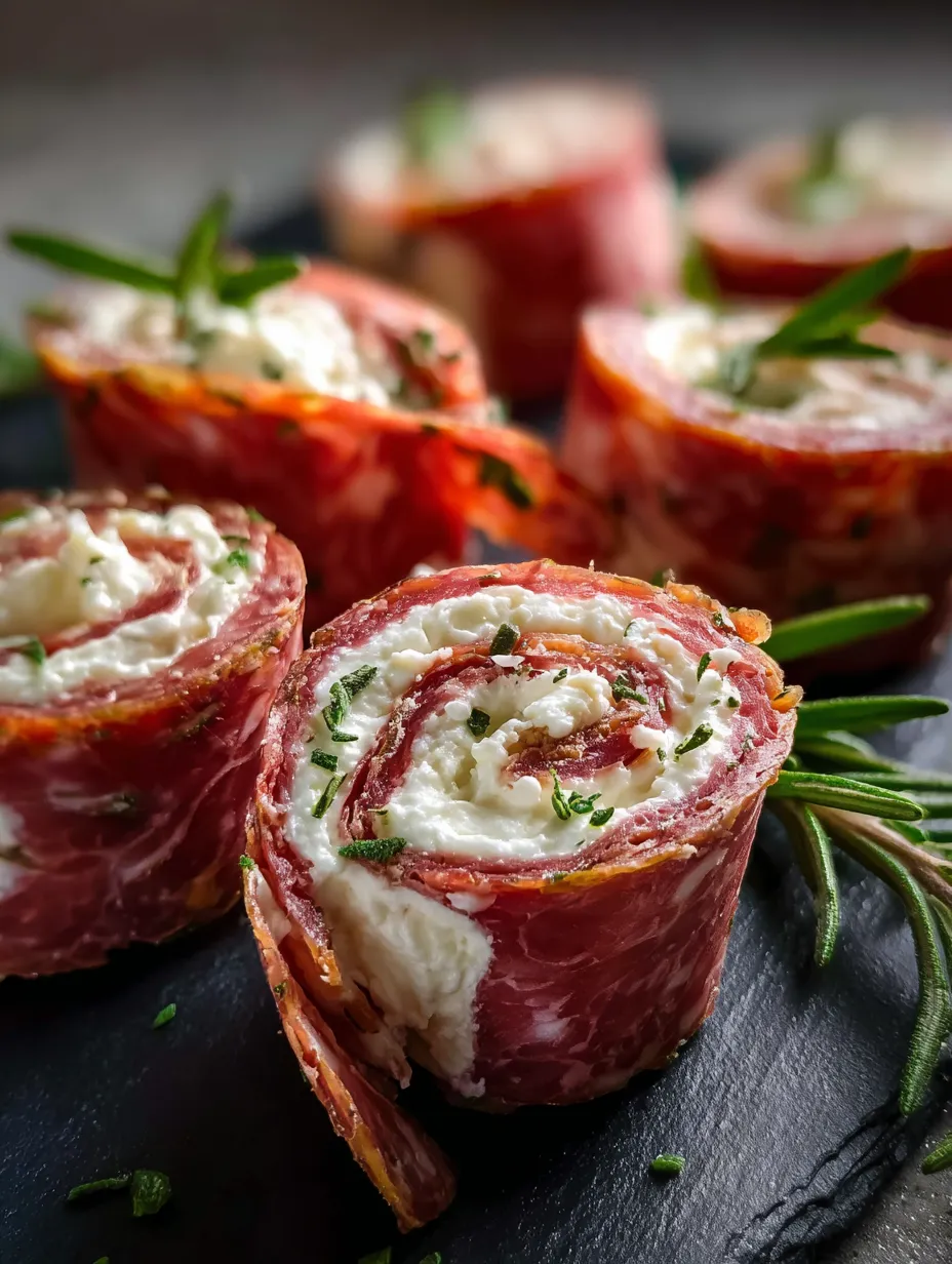 Plate filled with cheesy rolled-up meats.