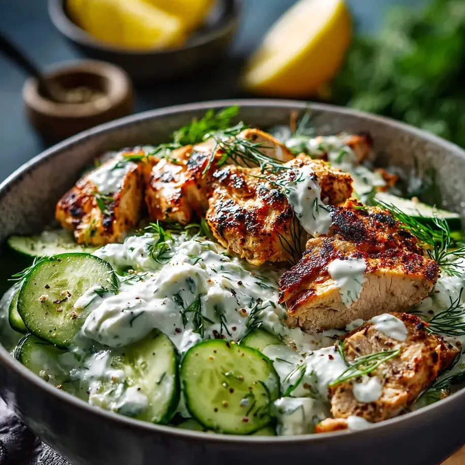 Chicken with cucumbers, sauce, and fresh toppings in a bowl.