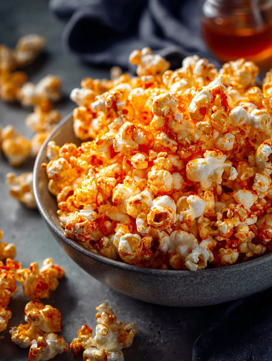 A bowl of popcorn with a spoon in it.