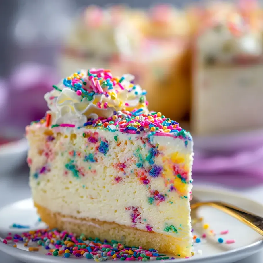Rainbow sprinkle-studded cake wedge resting on a plate.