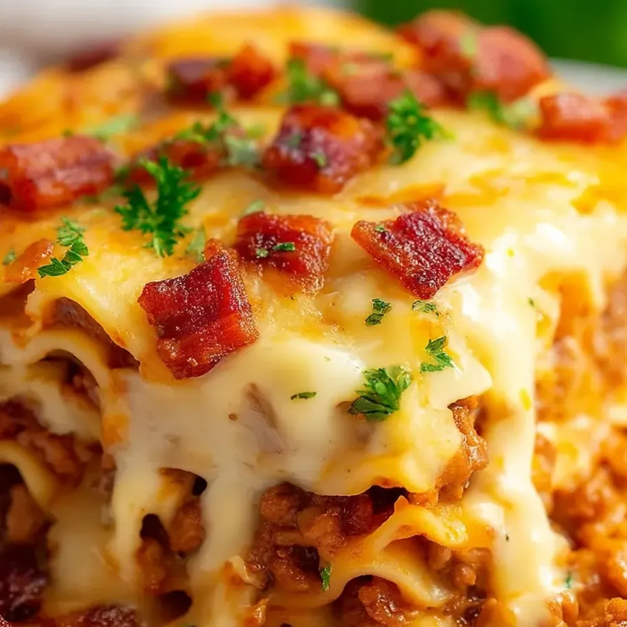 Cheesy bacon casserole closeup.