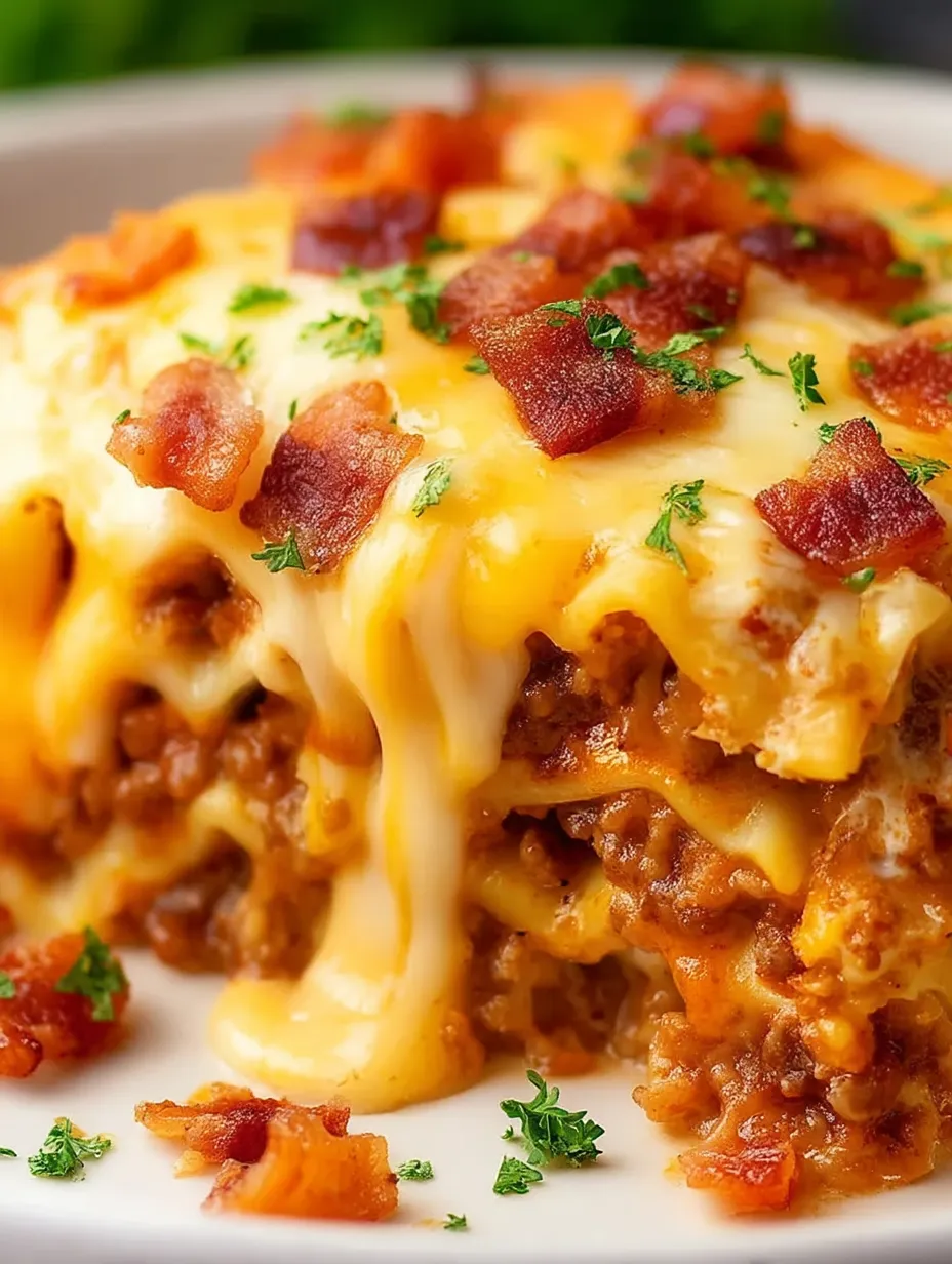 Plate stacked with cheesy casserole and bacon bits.