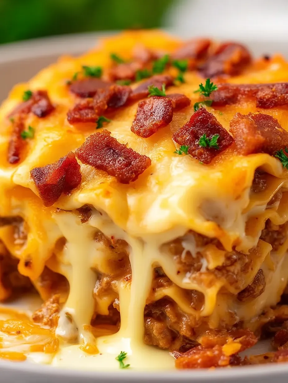 Close shot of a cheesy bacon casserole straight out the oven.