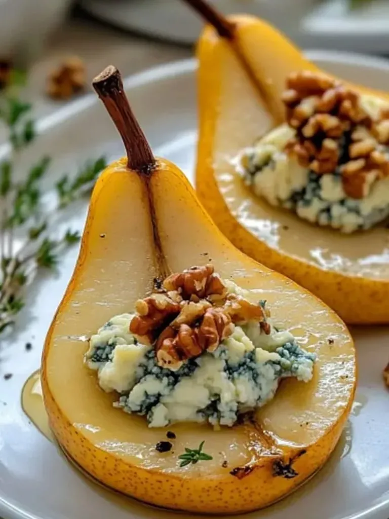 A slice of pear with a nut on top.