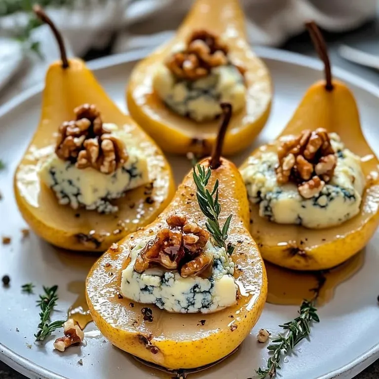 Pears on a plate loaded with nuts and melted cheese.