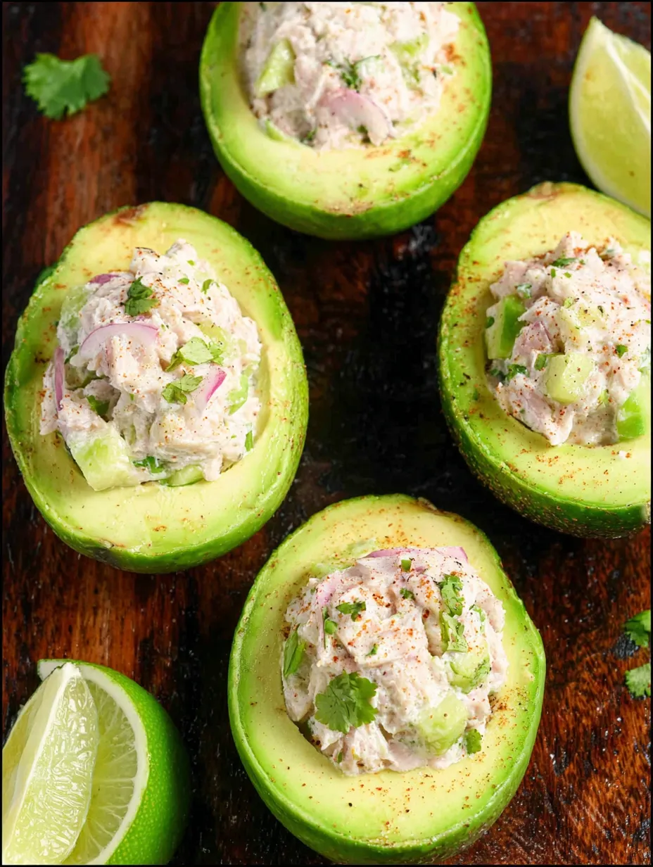 A plate showing six avocado halves stuffed with filling.