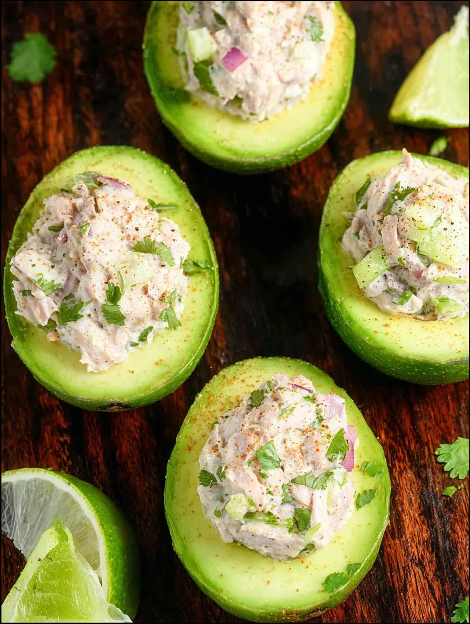A plate loaded with creamy stuffed avocados.
