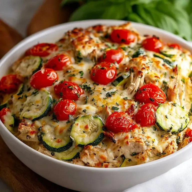 Bowl with tomatoes, zucchini, and chicken covered in cheese.
