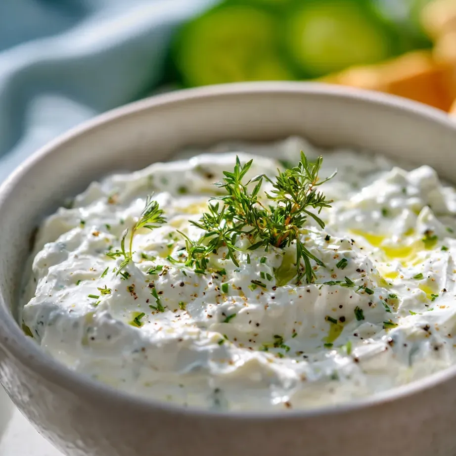 Creamy dip in a bowl, topped with bright parsley.