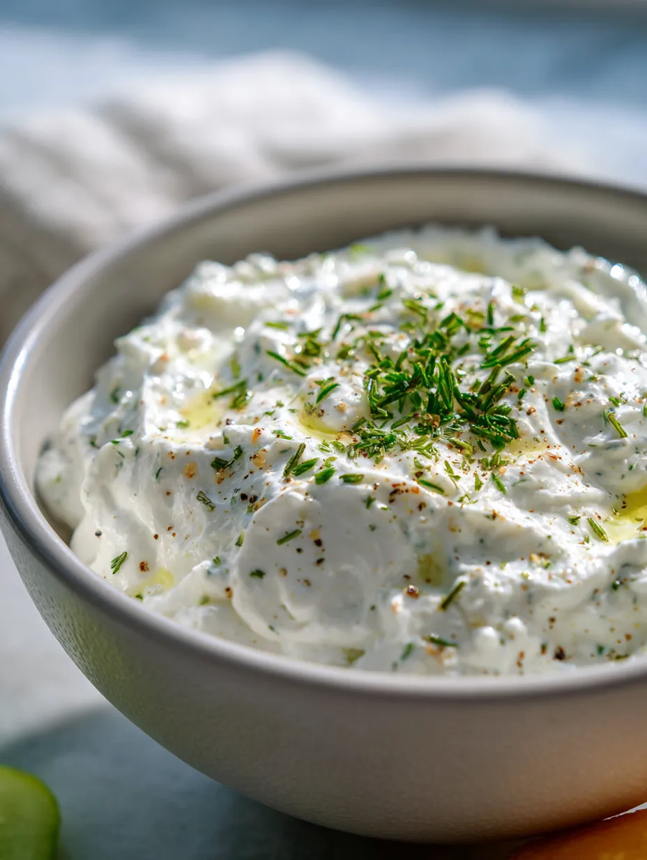 A serving of white creamy dip topped with fresh chopped green herbs.