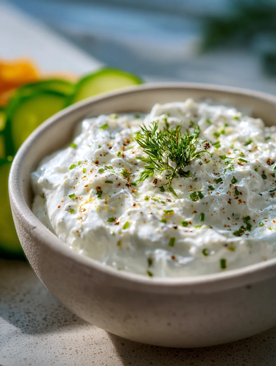 A bowl filled with creamy white dip topped with green herbs.