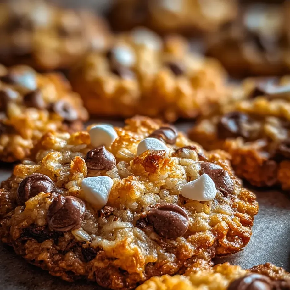 Chocolatey cookie close-up with gooey marshmallow on top.