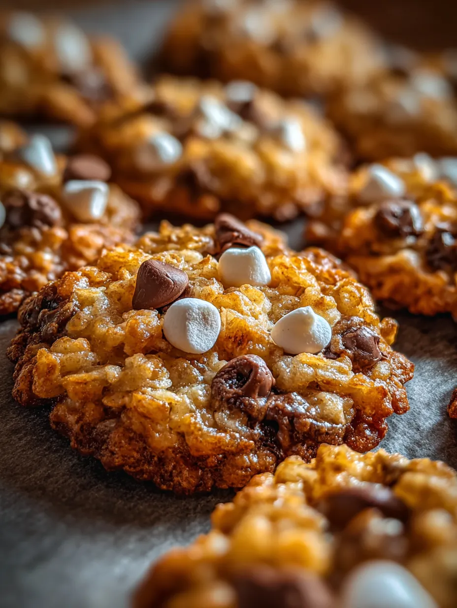 Chocolate chip cookie spotted with marshmallows in close view.