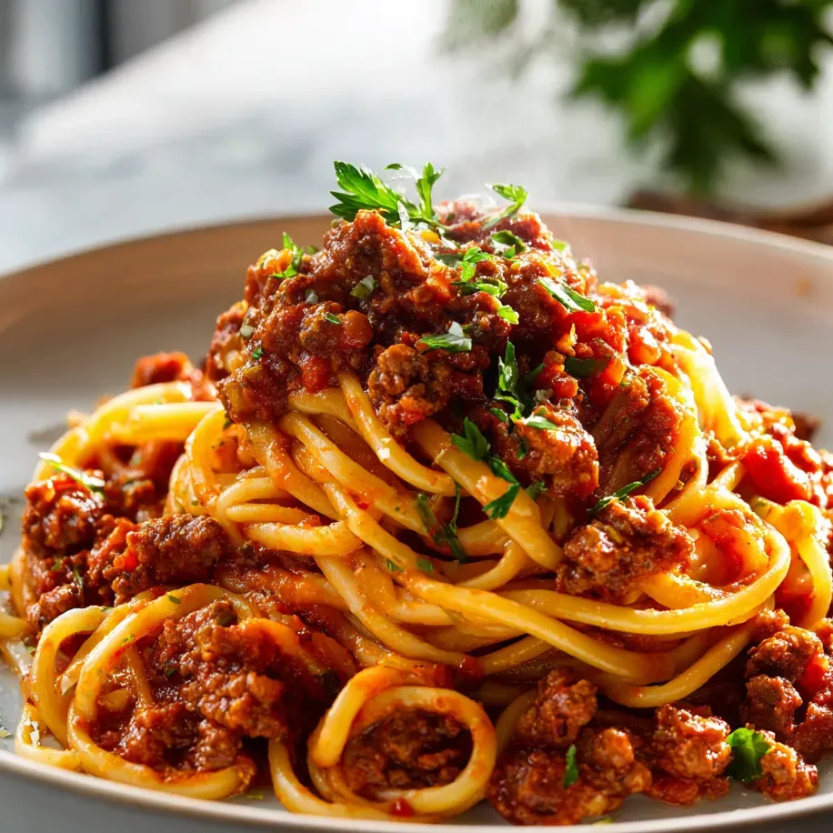 Spaghetti topped with chunky meat sauce.