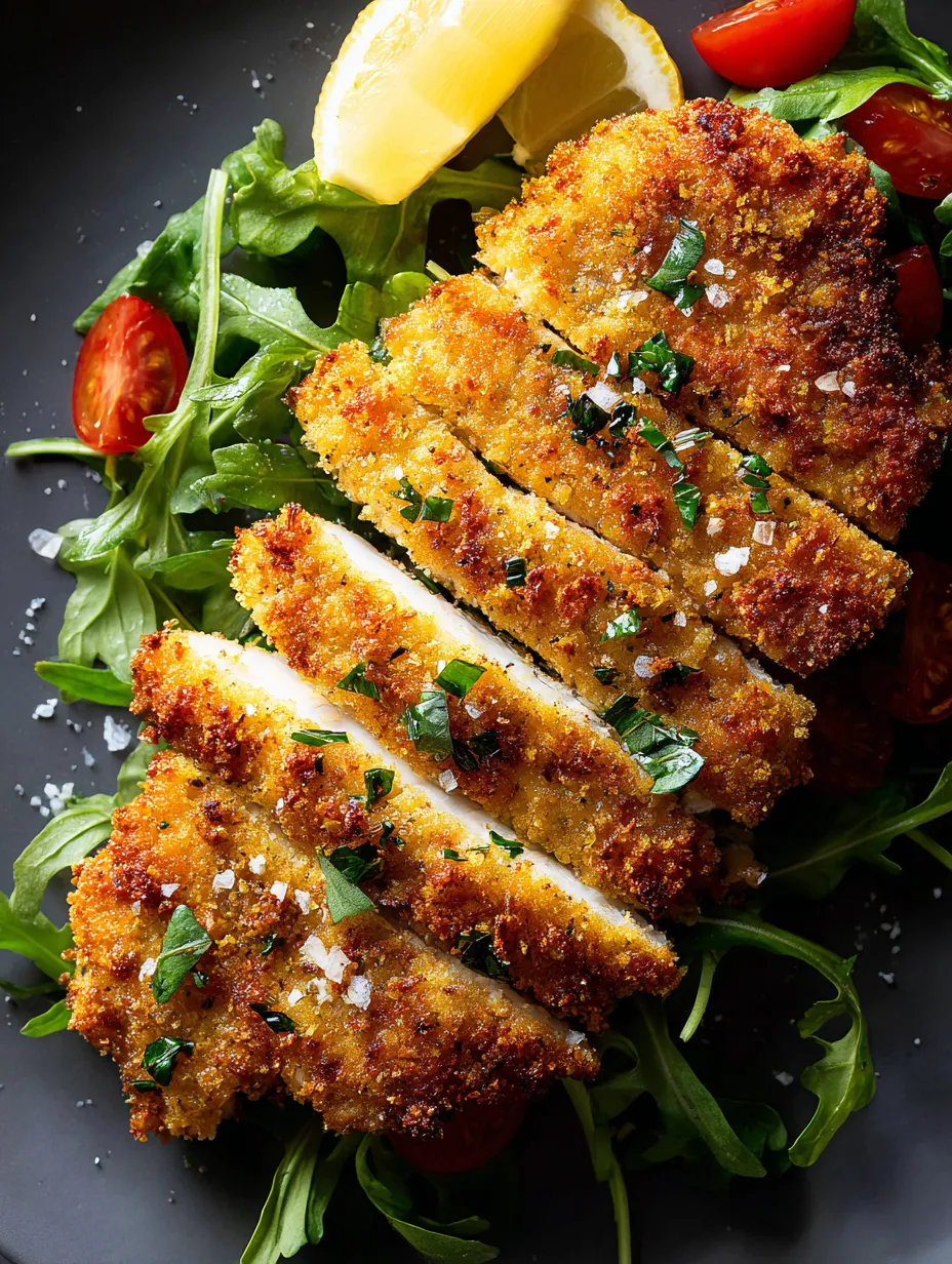 Crunchy chicken next to a fresh green salad.