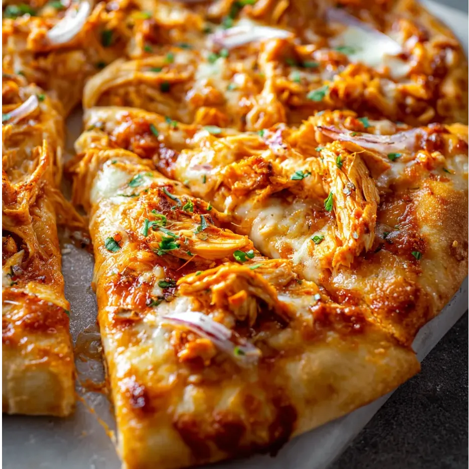 Slice of pizza with chicken, onion, and golden crust.