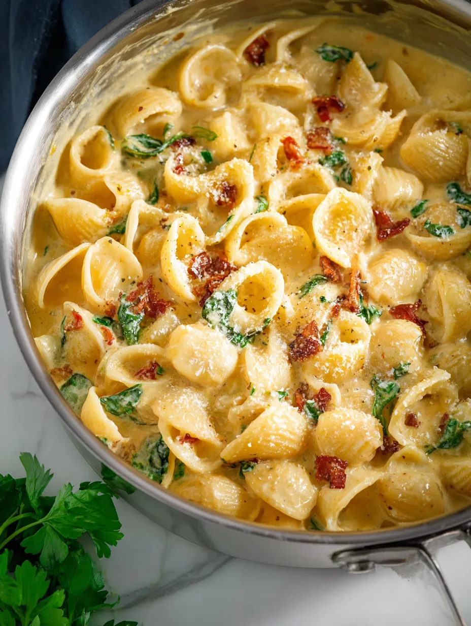 A bowl of pasta with bacon and cheese.