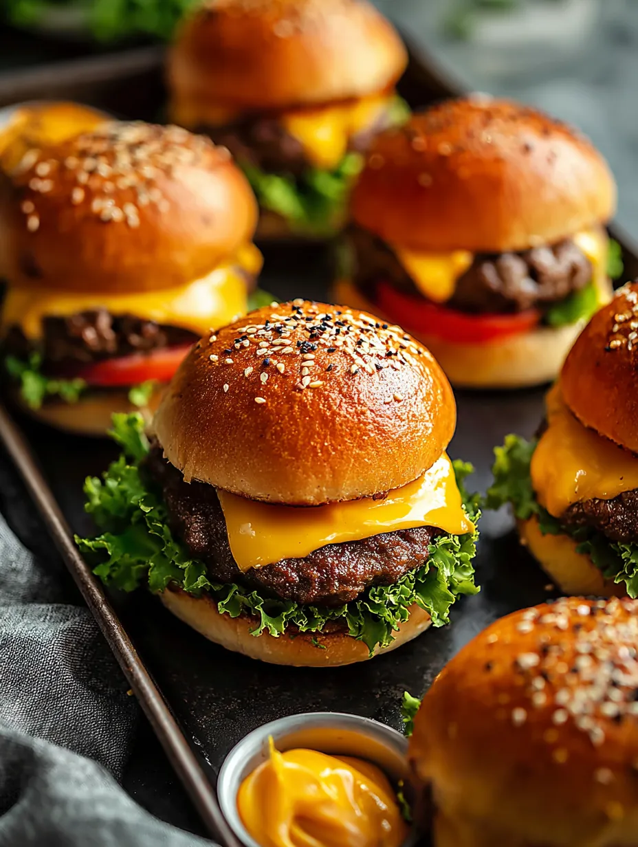 Mini burgers lined up on a tray with melted cheese and lettuce.