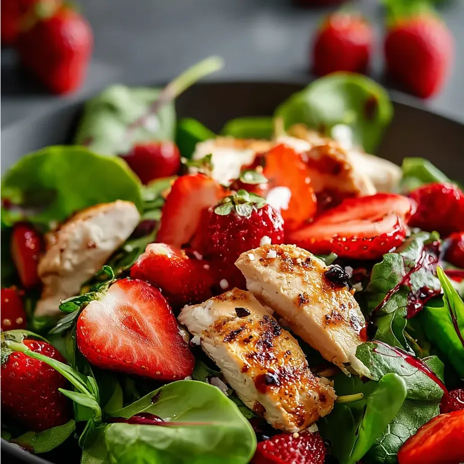 Bowl of strawberries and chicken on salad greens.