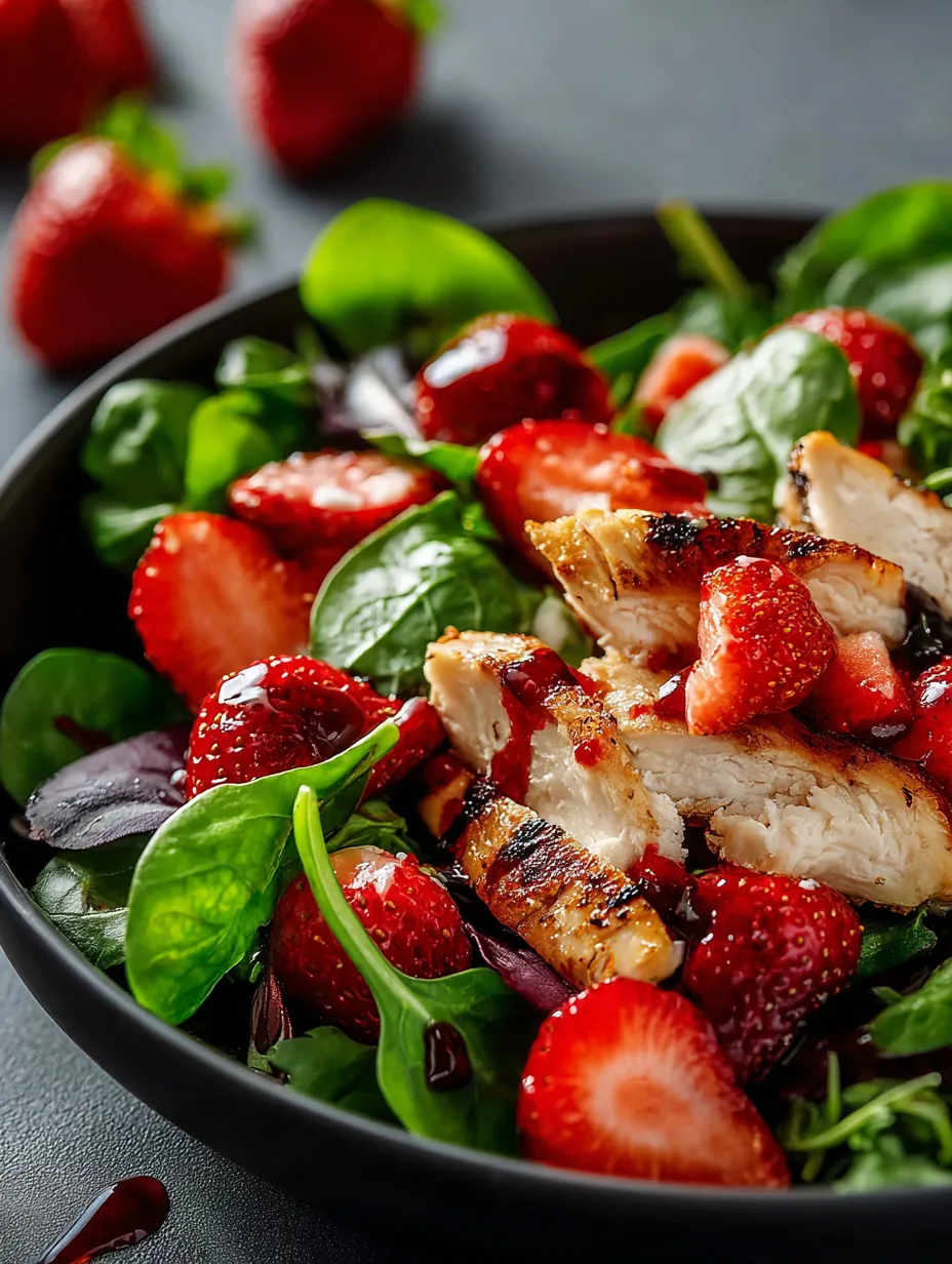 Bowl of salad loaded with strawberries and chicken.