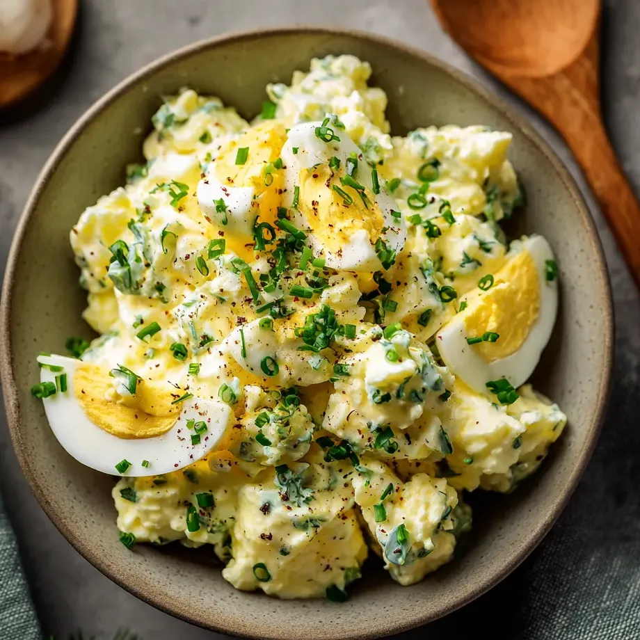 Egg salad mixed with cheese and fresh chopped herbs in a bowl.