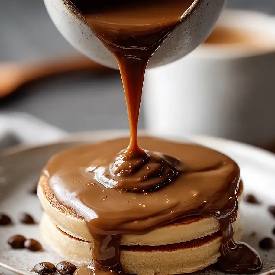Chocolate syrup sliding down a pancake.