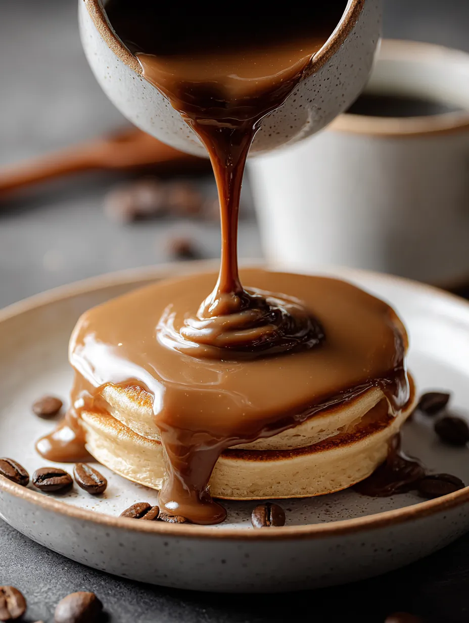 Coffee syrup puddling onto pancakes from a spoon.
