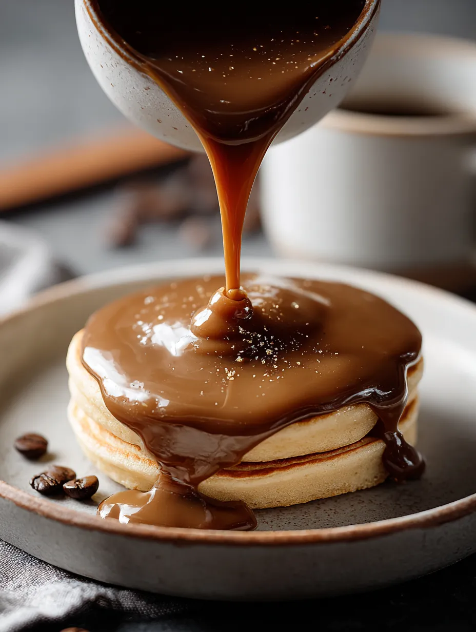 Chocolate sauce streaming over pancakes.