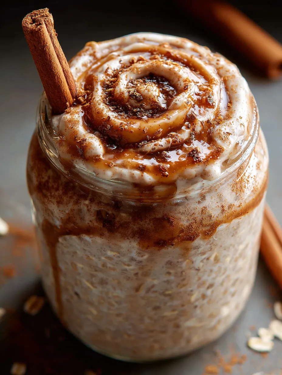 A glass jar packed with swirly cinnamon oats and a cinnamon stick on top.