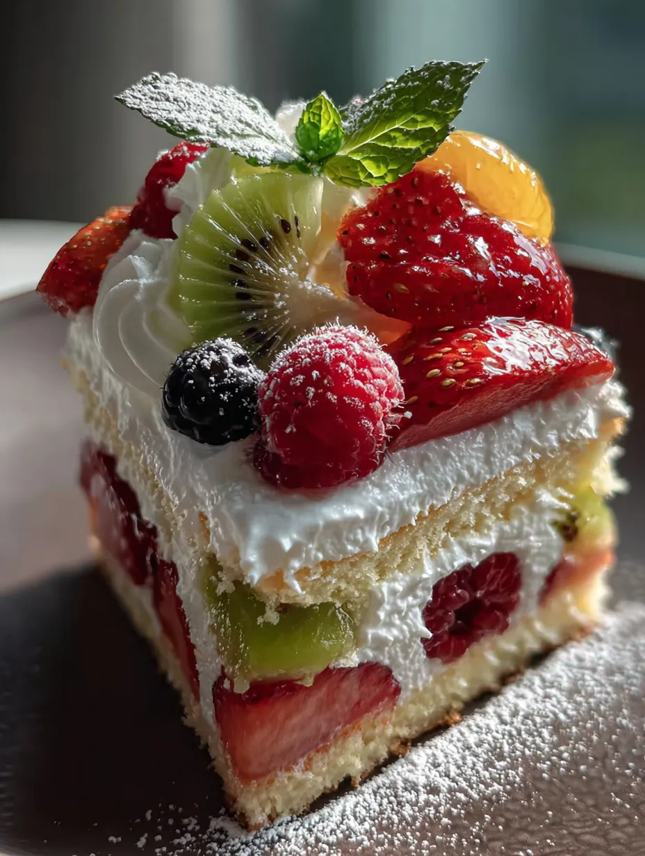 A slice of cake topped with fruit.
