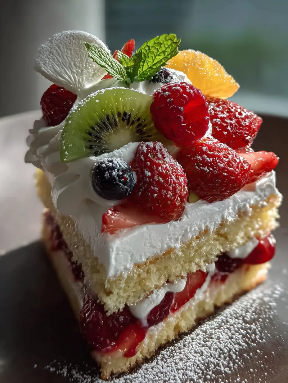 A slice of cake topped with fruit.