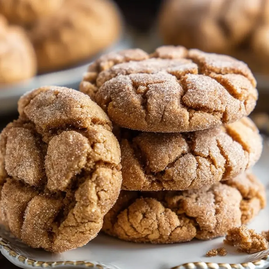 Warm cookies topped with sugar on a plate.