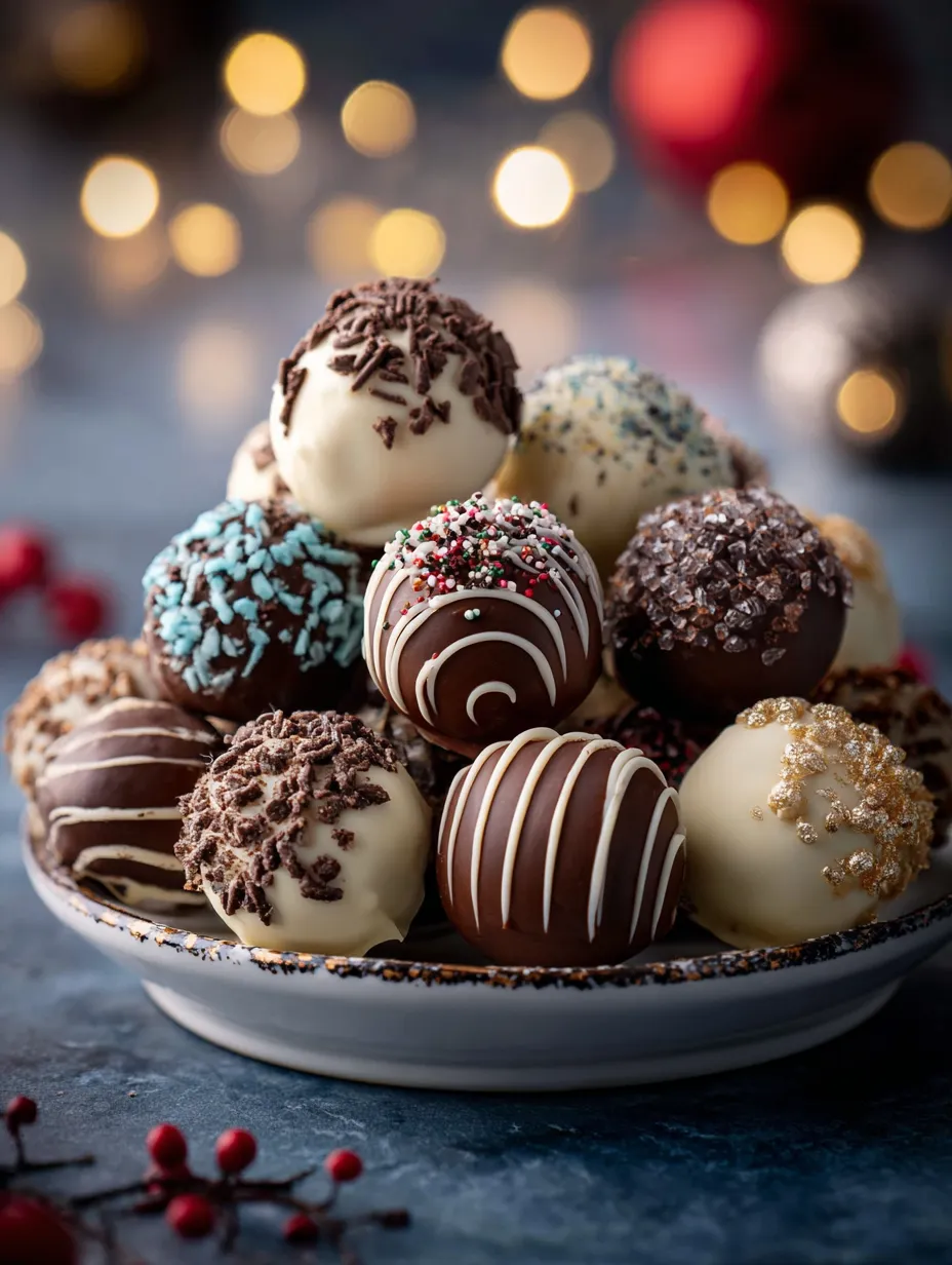 A plate holding chocolate and white balls.