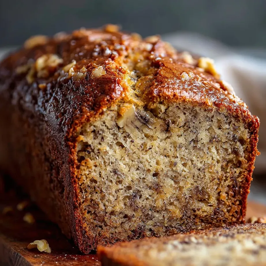 Banana bread loaf topped with nuts.