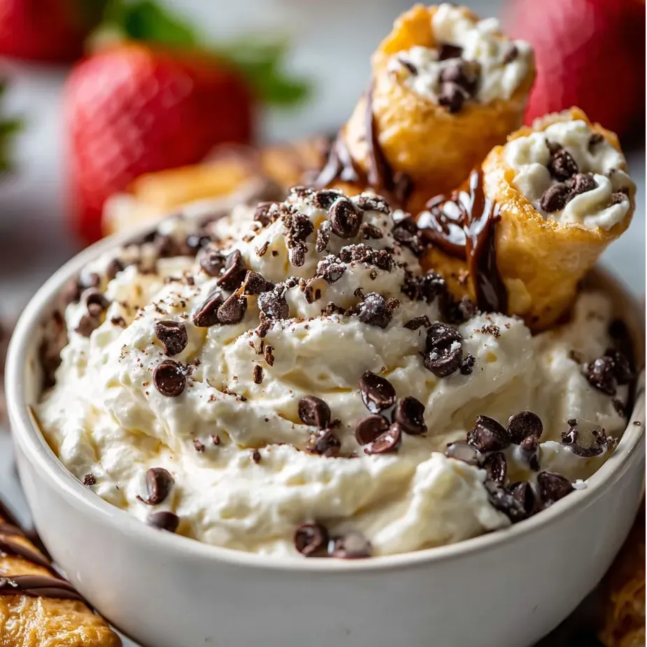 A bowl full of creamy dip topped with chocolate chips and strawberries nearby.