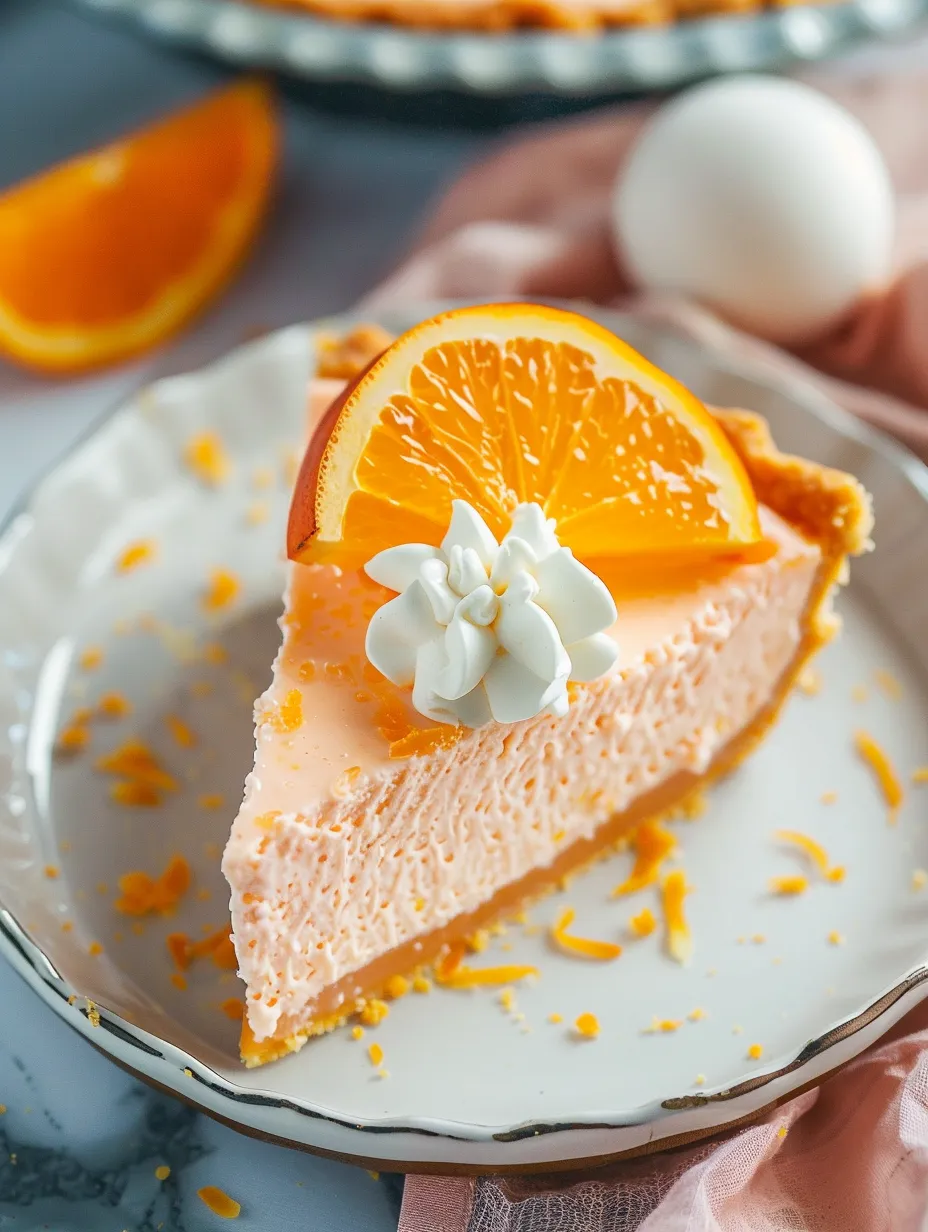 A slice of Jello Creamsicle Pie with a white whipped cream topping.