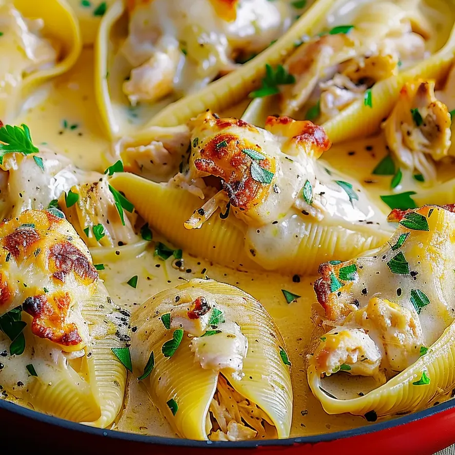 Cheesy chicken stuffed into soft pasta shells.