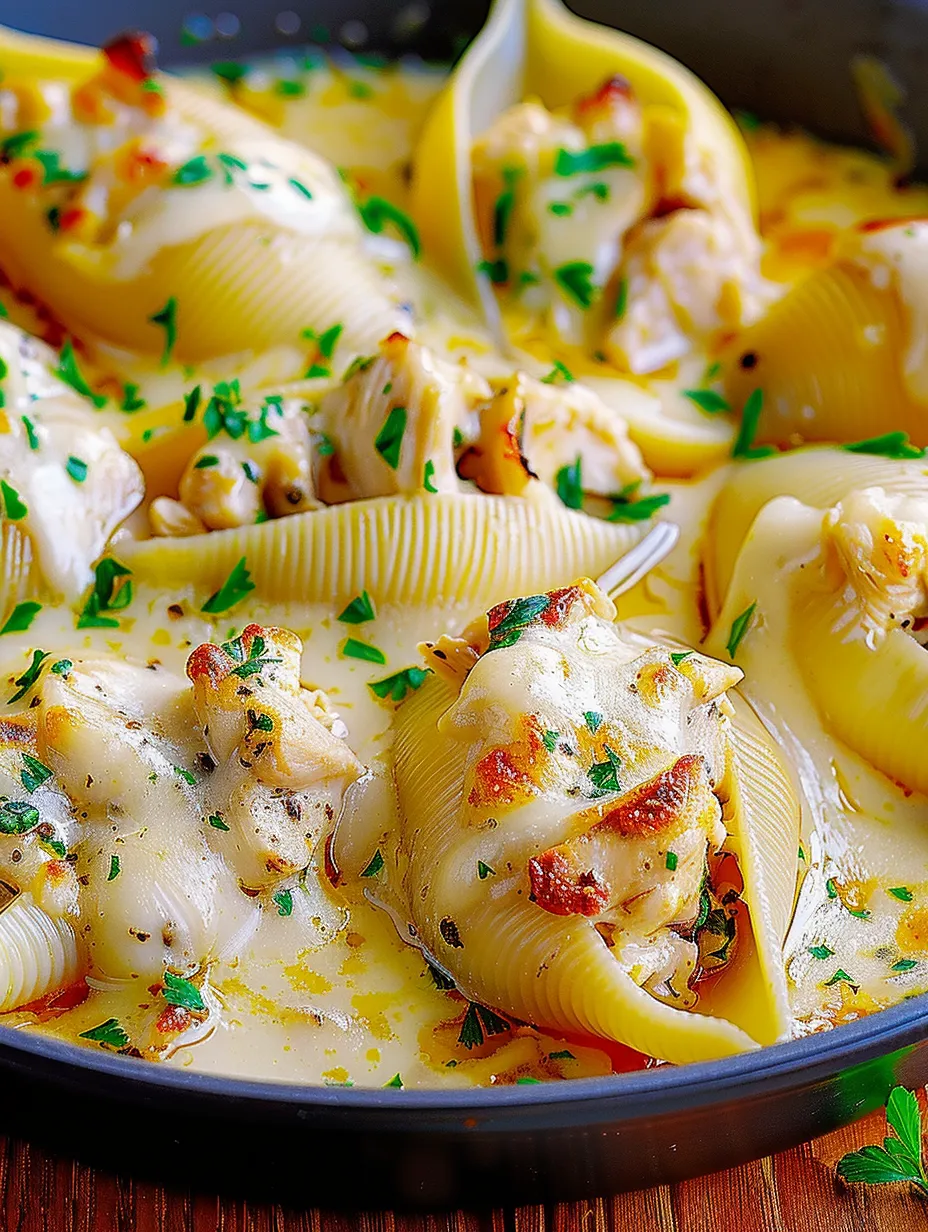 A dish of garlic butter chicken alfredo stuffed shells.