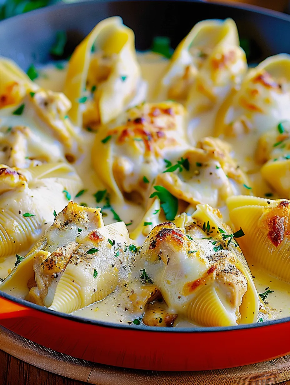 A plate of garlic butter chicken alfredo stuffed shells.