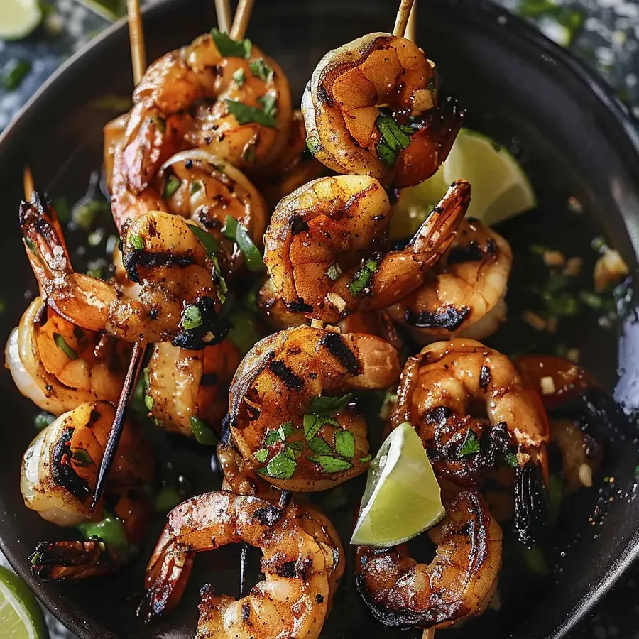 Grilled shrimp kabobs arranged with fresh lime wedges.